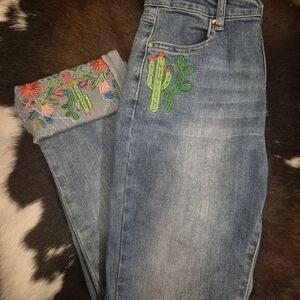 Embroidered Blue Jeans with Cactus Design